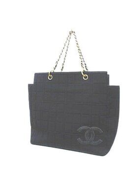 Chanel Choco Bar CC Logo Tote Chain Shoulder Black Leather Cotton Gold